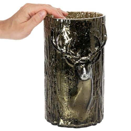 Porte-bougie chauffe-plat en verre orné de reliefs de tête de cerf et d'arbre, décoration hivernale, 26 cm | Floristik24.be