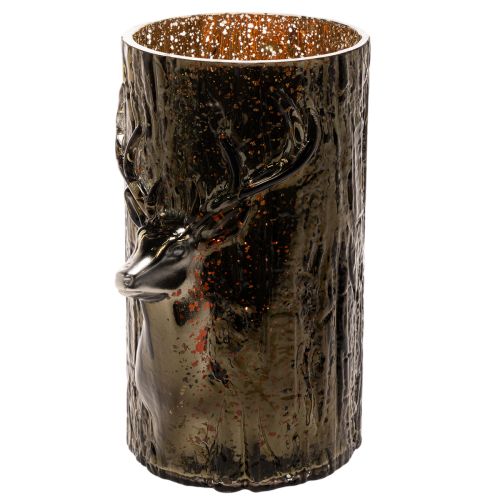 Porte-bougie chauffe-plat en verre orné de reliefs de tête de cerf et d'arbre, décoration hivernale, 26 cm | Floristik24.be
