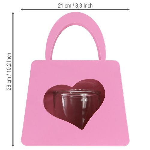 Article Lanterne sac en métal avec insert en verre coeur rose H26cm
