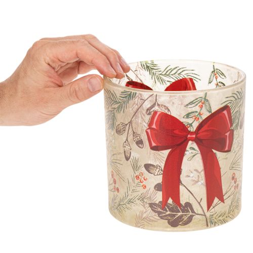 Bougeoir en verre avec ruban rouge et branches d'hiver, 15 cm | Floristik24.be