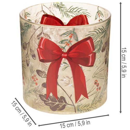 Bougeoir en verre avec ruban rouge et branches d'hiver, 15 cm | Floristik24.be