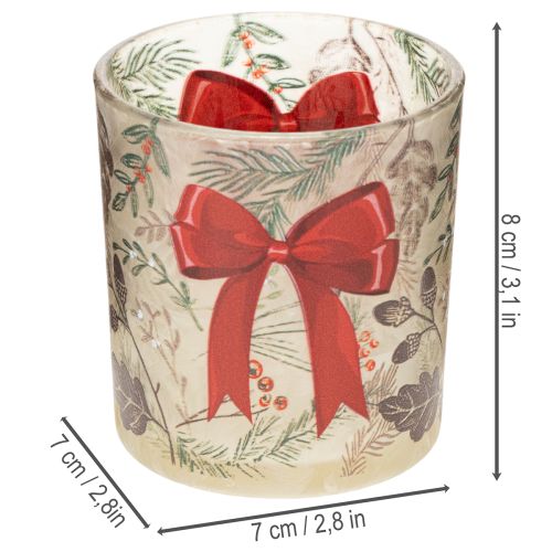 Photophore en verre décoré de branches de Noël et d'un ruban rouge, 8 cm, lot de 2 | Floristik24.be