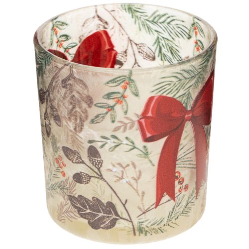 Photophore en verre décoré de branches de Noël et d'un ruban rouge, 8 cm, lot de 2 | Floristik24.be