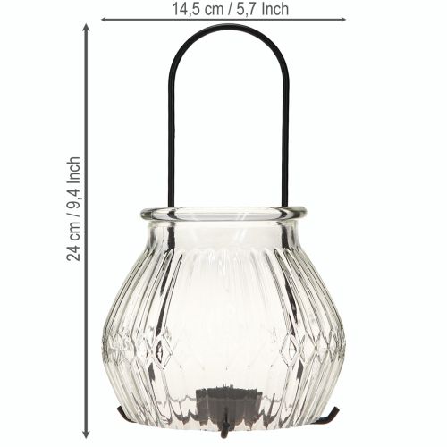 Article Photophore lanterne verre métal transparent noir Ø14,5cm