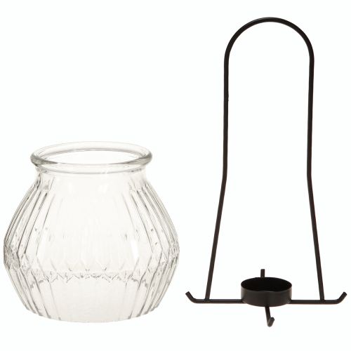 Article Photophore lanterne verre métal transparent noir Ø14,5cm