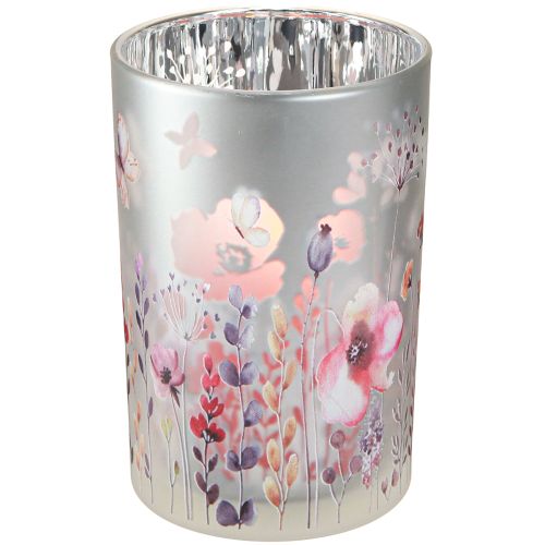 Article Lanterne en verre coquelicot papillon couleur argent H18cm