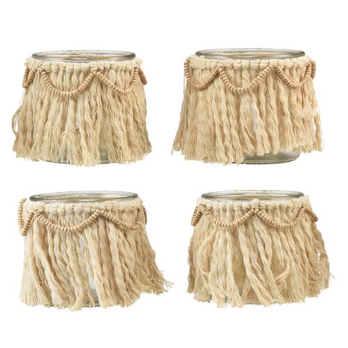 Lanterne Franges en Verre Macramé Crème Boho Ø9.5cm 4pcs