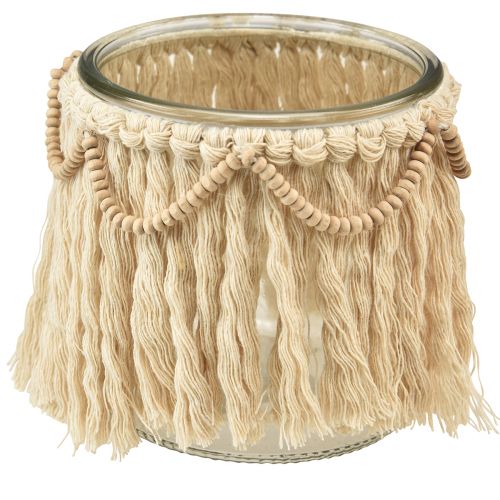 Article Lanterne Franges en Verre Macramé Crème Boho Ø9.5cm 4pcs