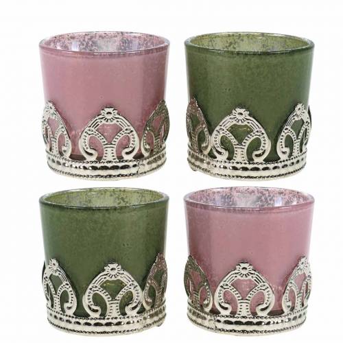 Floristik24 Lanterne verre métal décor lilas vert Ø5.5cm H5.5cm 4pcs