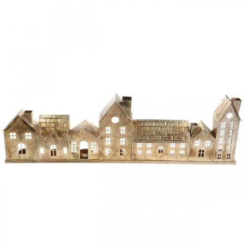 Diorama de Noël, décoration métal avec éclairage, phares dorés, look vintage L67.5cm H20cm