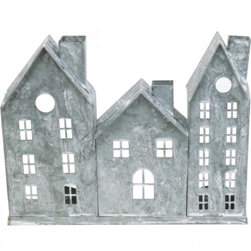 Décoration de fenêtre Noël, lanterne, diorama maison en rangée, décoration métal argenté Shabby Chic L20cm H20cm