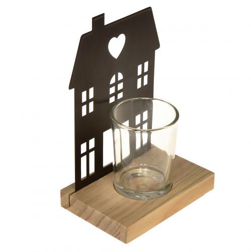 Article Lanterne maison métal noir avec socle en bois H15cm 2pcs