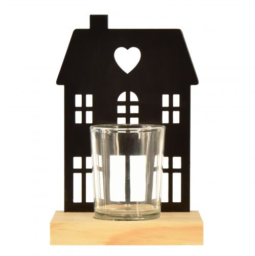 Article Lanterne maison métal noir avec socle en bois H15cm 2pcs
