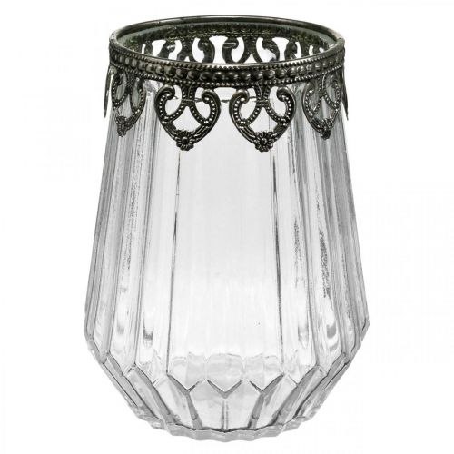 Lanterne vintage, verre à bougie avec décoration en métal Ø11,5cm H15cm