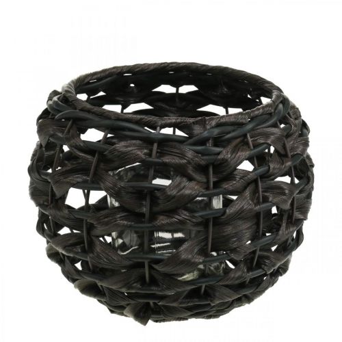 Lanterne tressée noir, rotin marron verre bougie Ø23cm H18cm