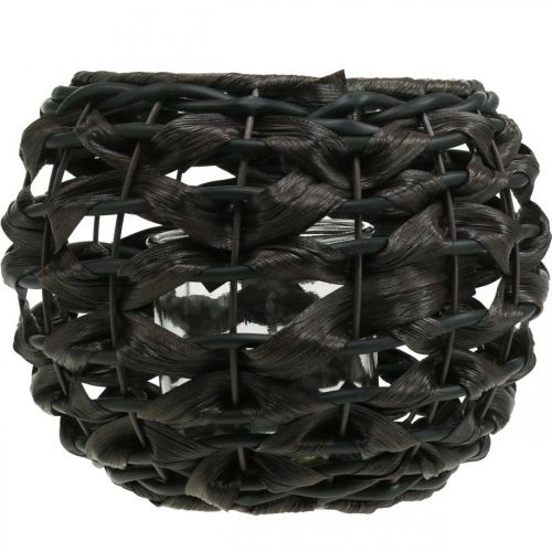 Article Lanterne tressée noir, rotin marron verre bougie Ø23cm H18cm