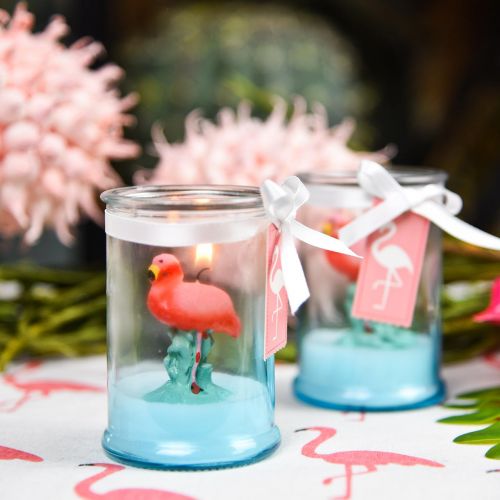 Article Lanterne en verre avec bougie flamant rose 9cm