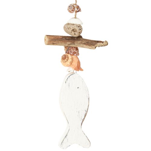 Article Carillon à vent voilier décoration poisson bois blanc naturel H56cm