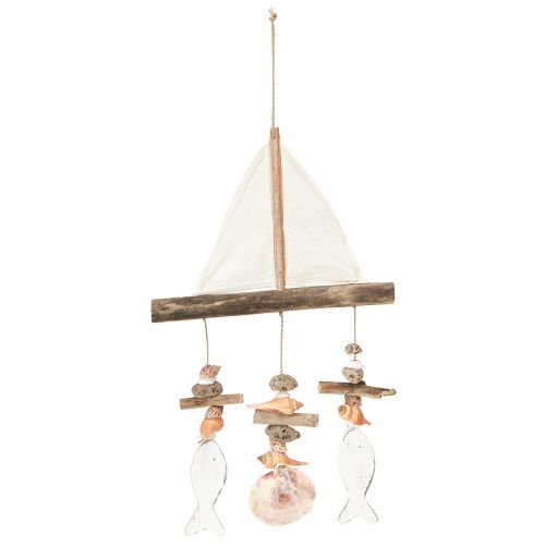 Article Carillon à vent voilier décoration poisson bois blanc naturel H56cm