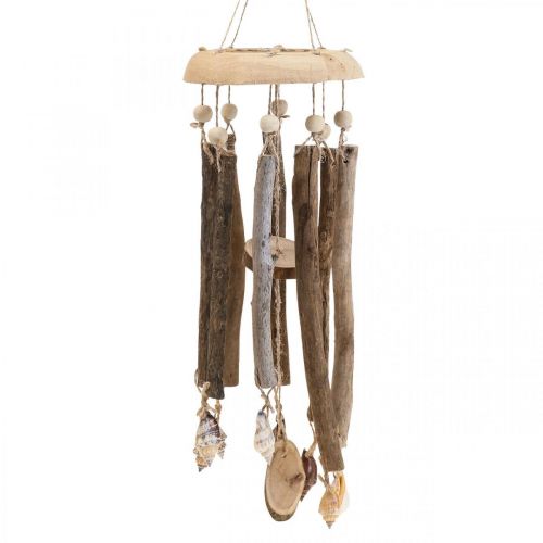 Carillon à vent en bois, décoration maritime coquillages nature Ø14cm H40cm