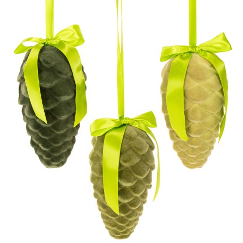 Pommes de pin décoratives à suspendre, pommes de pin floquées avec ruban et nœud, 18 cm, lot de 3 acheter | Floristik24.be