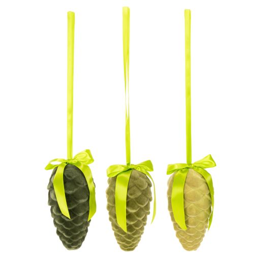 Pommes de pin décoratives à suspendre, pommes de pin floquées avec ruban et nœud, 18 cm, lot de 3 | Floristik24.be
