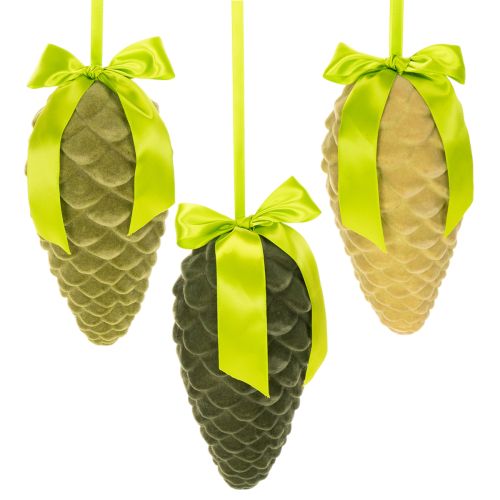 Pendentifs en forme de pomme de pin artificielle avec ruban et nœud cadeau, 23 cm, lot de 3