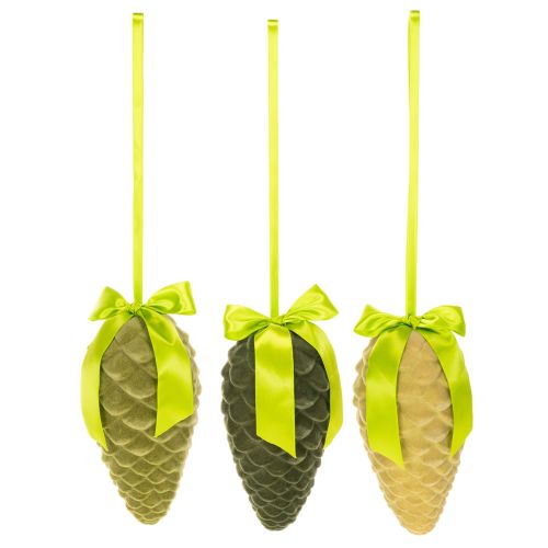 Pendentifs en forme de pomme de pin artificielle avec ruban et nœud cadeau, 23 cm, lot de 3 | Floristik24.be