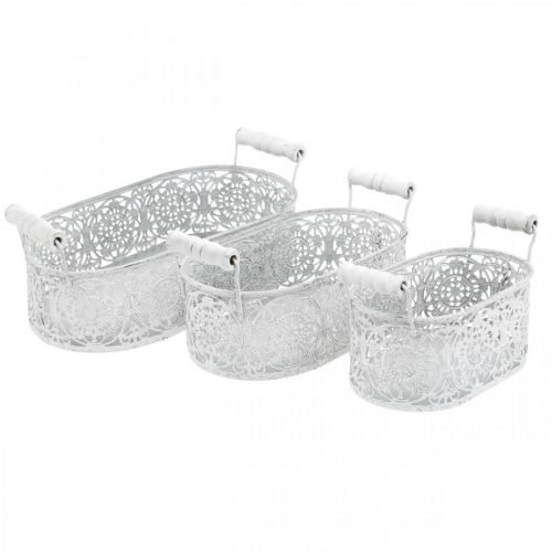 Floristik24 Bols pour plantation, pot décoratif à décor de dentelle, récipient en métal avec anses, ovale blanc, argent Shabby Chic L25.5/20/15cm H7cm lot de 3