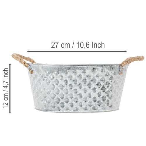 Bol ovale en zinc avec anses en corde, 27 cm x 17,5 cm, H 12 cm | Floristik24.be