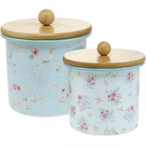 Boîte émaillée avec couvercle bois motif fleur H10/12cm lot de 2