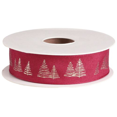 Floristik24 Ruban décoratif de Noël rouge avec motifs de sapins de Noël dorés, largeur 25 mm, longueur 15 m