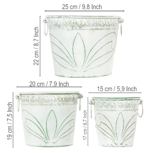 Article Pot de fleurs en métal gaufré avec poignées, blanc et vert, style shabby chic, H 22/19,5/17,5 cm, Ø 25,5/20,5/15,5 cm, lot de 3
