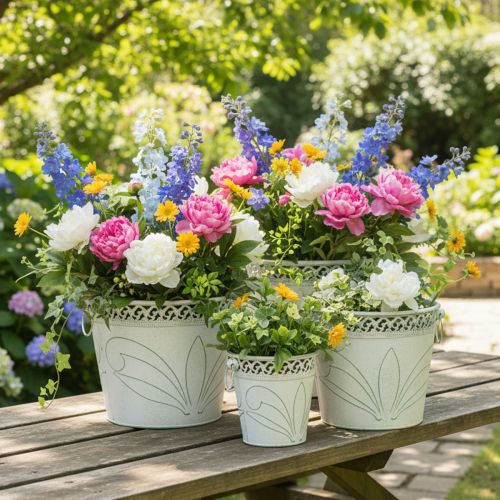 Pot de fleurs en métal gaufré avec poignées, blanc et vert, style shabby chic, H 22/19,5/17,5 cm, Ø 25,5/20,5/15,5 cm, lot de 3 | Floristik24.be