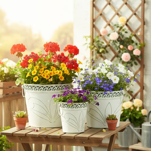 Pot de fleurs en métal gaufré avec poignées, blanc et vert, style shabby chic, H 22/19,5/17,5 cm, Ø 25,5/20,5/15,5 cm, lot de 3 | Floristik24.be