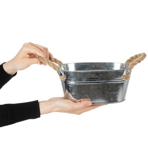 Bol en métal argenté avec anses en corde, hauteur 22 cm, hauteur 10 cm | Floristik24.be