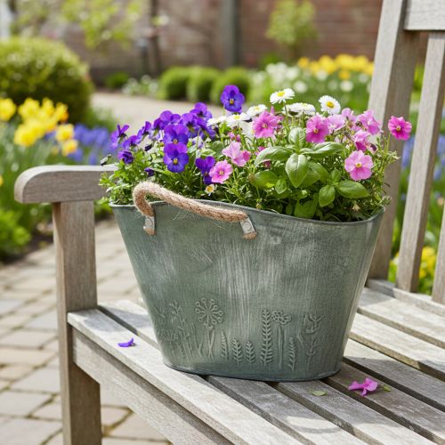 Article Pot de fleurs avec anses, sac, métal, jute, 24,5 × 17 × 15,5 cm