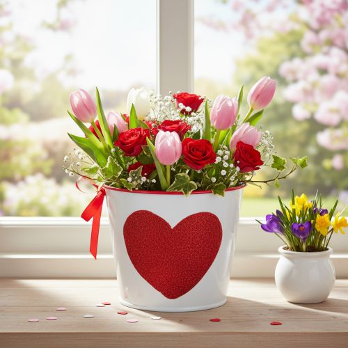 Pot de fleurs blanc à cœur rouge, jardinière, Ø13cm H10,5cm | Floristik24.be