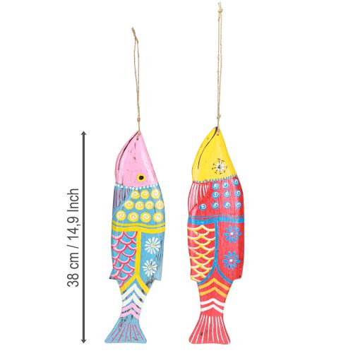 Article Décoration de poisson en bois coloré à suspendre rouge bleu assorti 38 cm 2 pièces