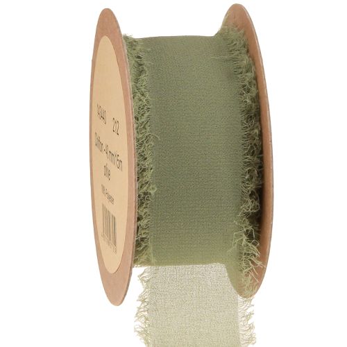 Floristik24 Ruban en mousseline de soie vert olive à franges, largeur 40 mm, longueur 15 m