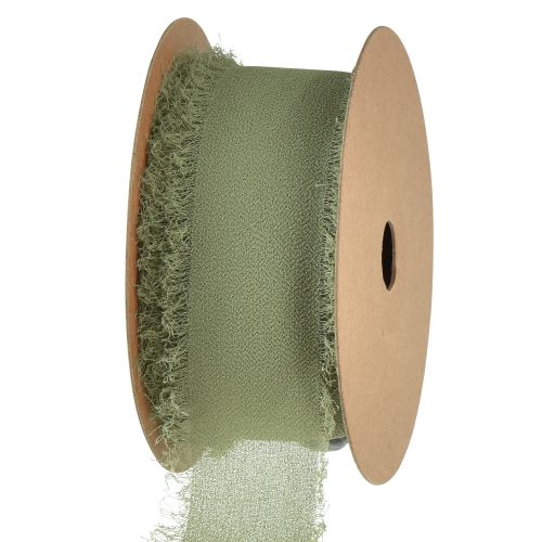 Floristik24 Ruban mousseline tissu vert olive frange ruban W40mm L15m