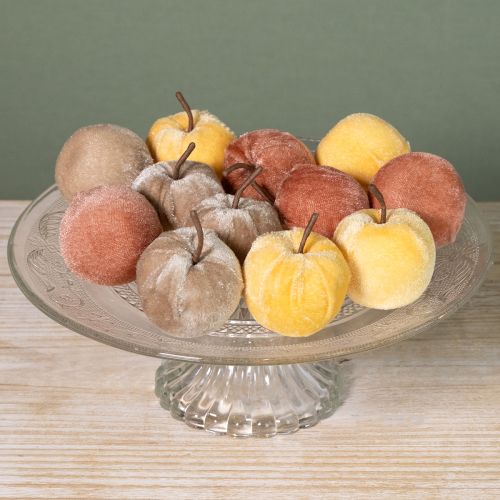 Article Pommes décoratives en tissu velours pomme marron jaune Ø5cm H6cm 12 pcs