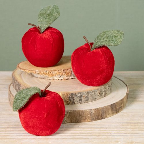 Article Tissu décoratif pomme avec feuille velours et feutre rouge Ø7,5cm H9cm 9 pcs