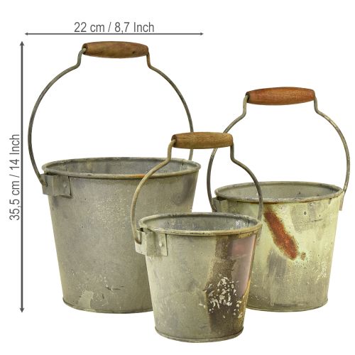 Article Seau décoratif vintage en métal rouillé Ø15/17,5/22 cm, lot de 3