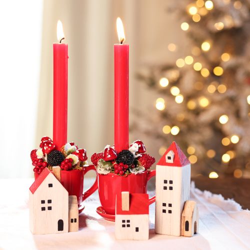 Ensemble de maisons décoratives en bois, rouge et blanc, décoration hivernale composée de plusieurs éléments, 13 cm, 6 pièces | Floristik24.be