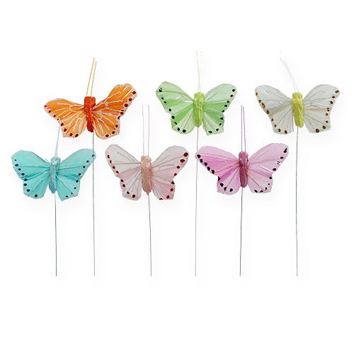 Floristik24 Papillons en plumes sur fil coloré 5,5cm 24 pcs