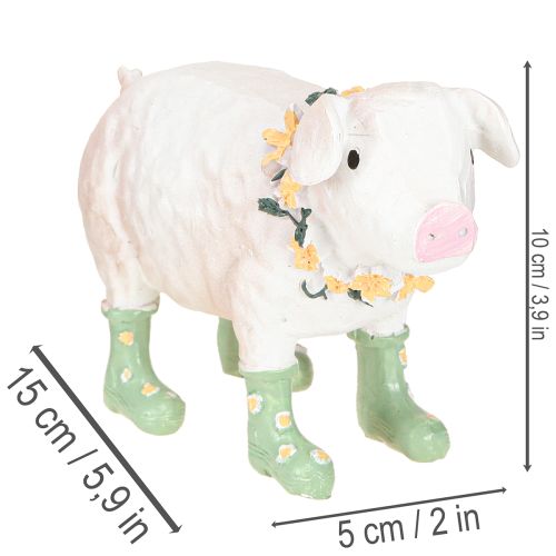 Article Cochon décoratif avec bottes en caoutchouc – Figurine de ferme amusante avec couronne de fleurs 15,5 cm