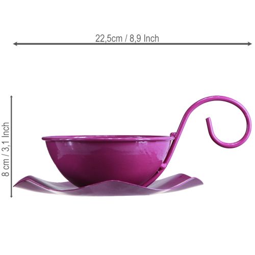 Article Tasse à thé décorative en métal sur soucoupe, violette, Ø 11,5 cm, H 8 cm, lot de 2