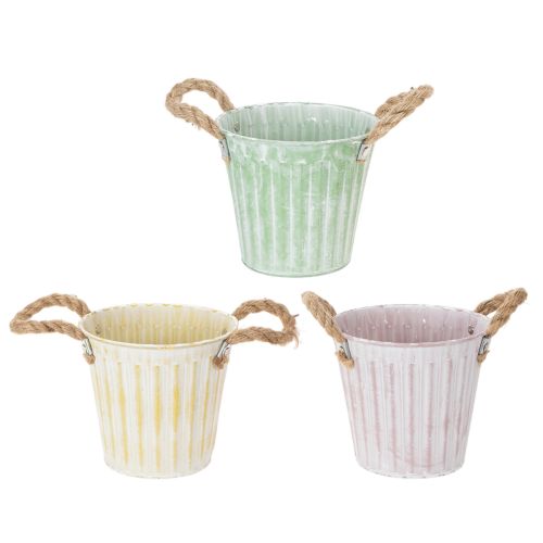 Floristik24 Pot décoratif, seau en métal pour plantation, jardinière avec poignées, rose/vert/jaune style shabby chic Ø15cm H13cm, ensemble de 3 pièces