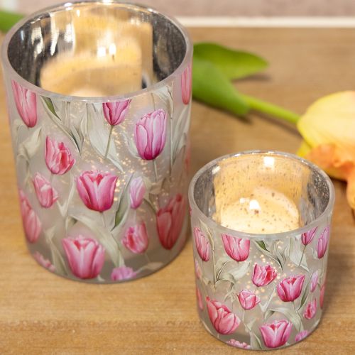 Article Lanterne décorative en verre à motif tulipe, idéale pour agrémenter votre intérieur au printemps, 8 cm, lot de 4.